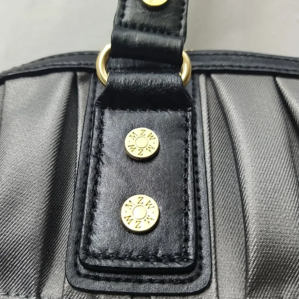 MZ Wallace Gray Nylon Pleated Zipper Pockets Top Handles Satchel Shoulder Bag